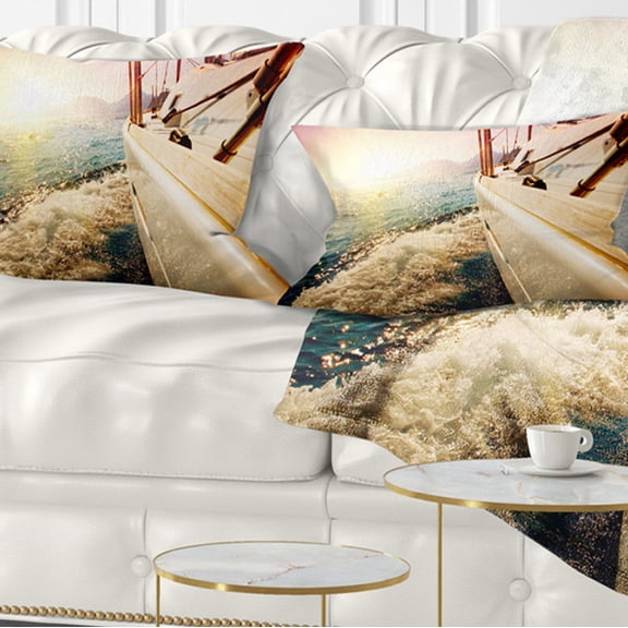 Designart Huge Yacht Sailing Against Sunset - Pier Throw Pillow - 12x20