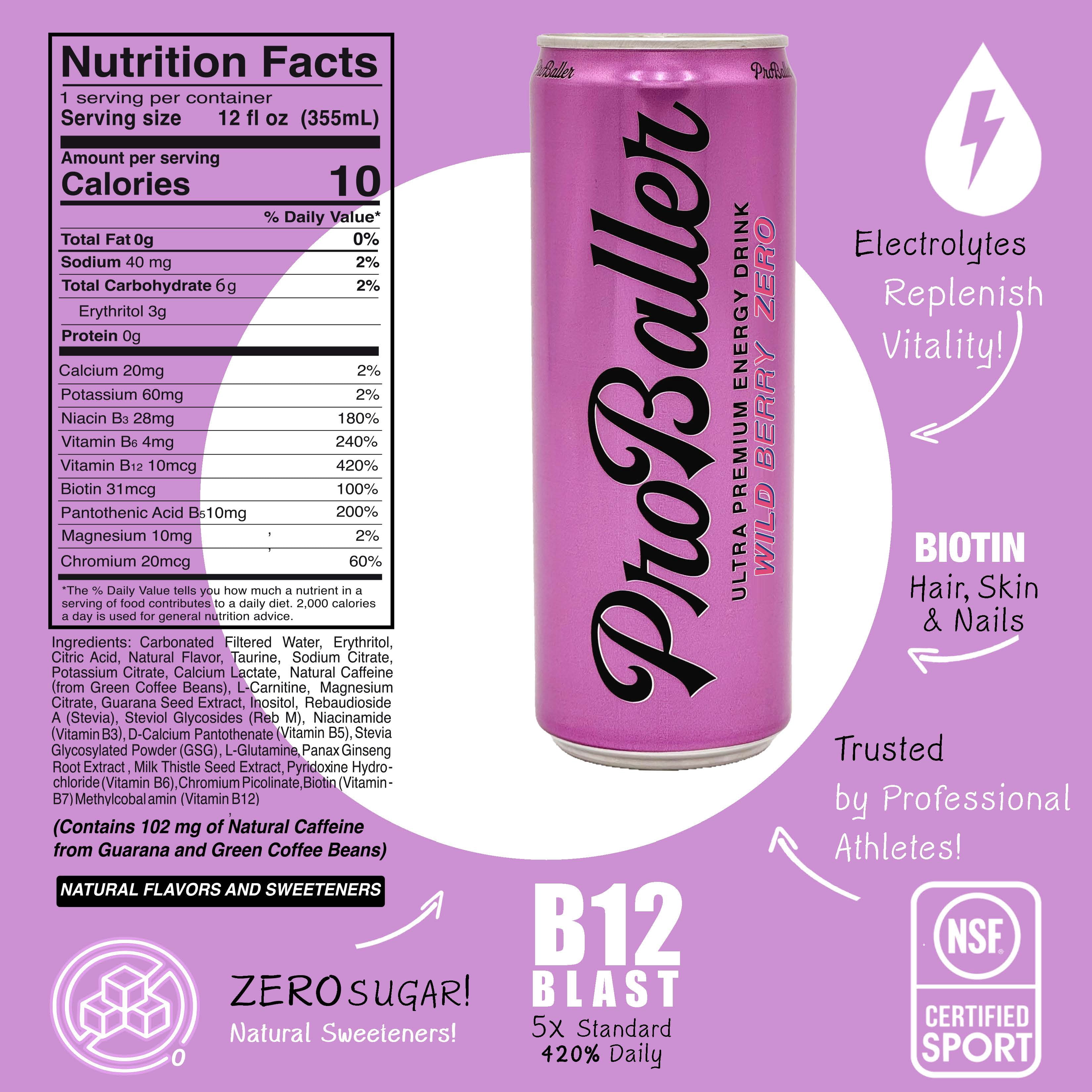 ProBaller Ultra Premium Energy Drink  - Natural Clean Ingredients - Biotin, Electrolytes, Guarana, Taurine, Essential B-Vitamins with B12 (Methylcobalamin)  more. 12 fl oz (pack of 15)
