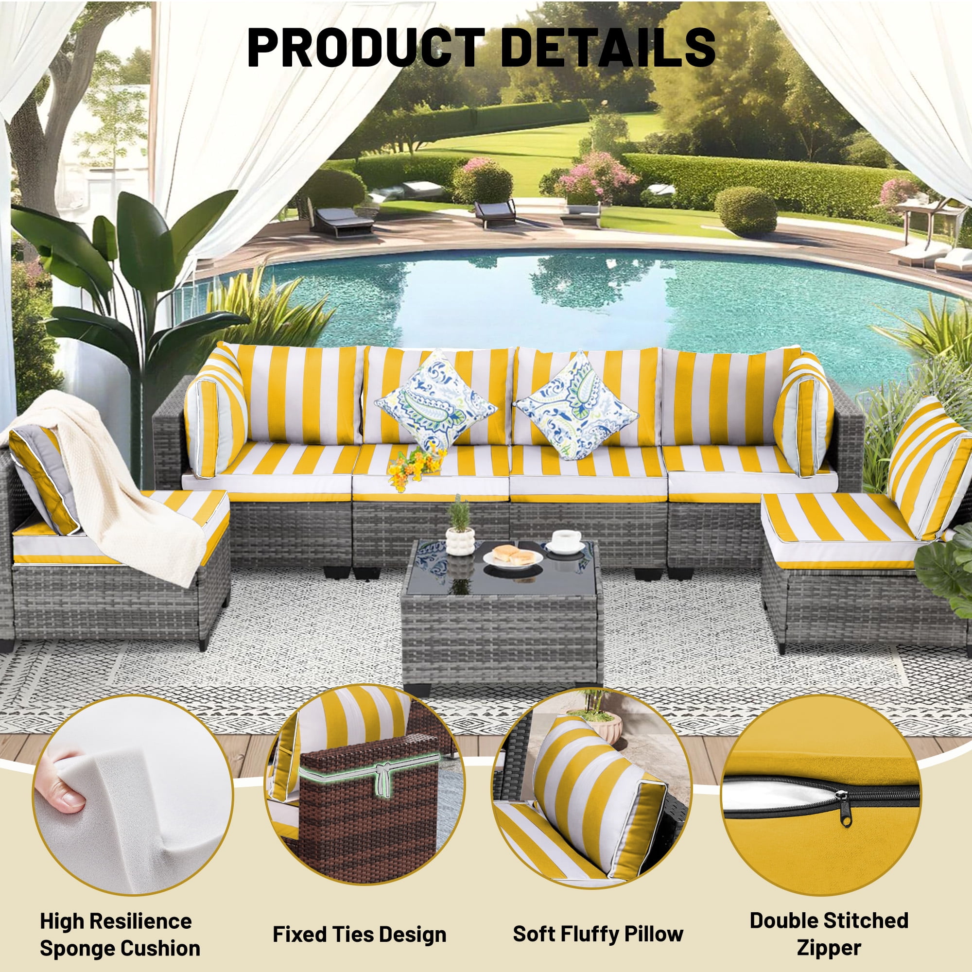 14 Piece Outdoor Replacement Cushions for Patio Furniture, Water-Repellent Outdoor Sectional Cushions for 6 Seat Sectional Patio Conversation Sets, Patio Sofa Cushions for Outdoor Couch