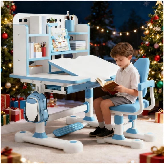 YNCE Kids Study Desk and Chair Set with Tilt Desktop (50-Degree), Height Adjustable Children Table Chair Set - Ergonomic Extra-Large Desktop & Storage Drawer Book Stand 300KG Capacity