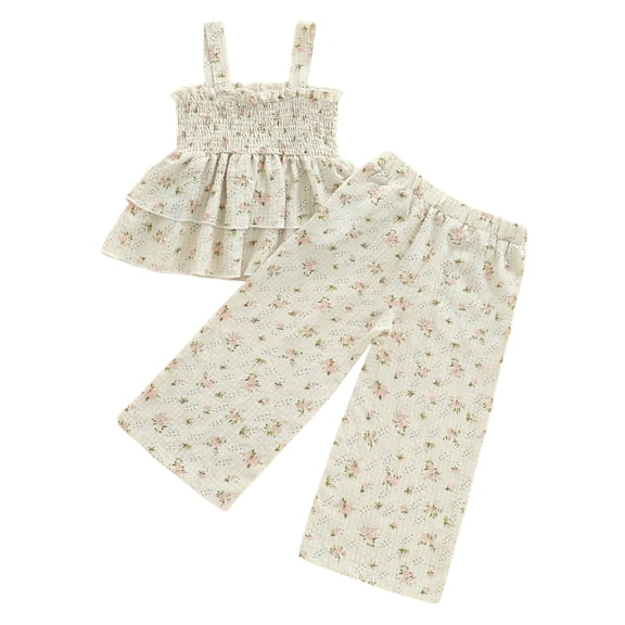 KPOPLK 2Pcs Toddler Baby Girl Clothes Set Tie-Up Strap Ruffle Camisole Tops Pants Set Little Girls Summer Outfits(3-4 Years,Beige)