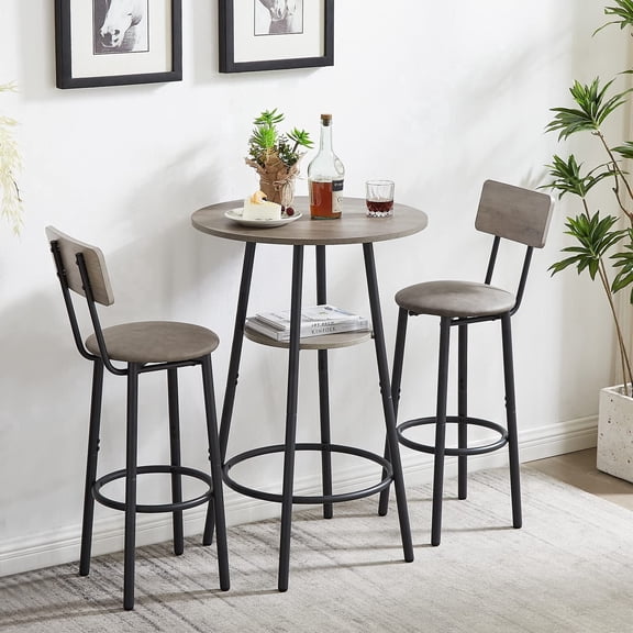 Tmsan 3-Piece Bar Table Set for 2, Industrial 2-Tier Round Pub Table, PU Stools with Backrest, Counter Height for Kitchen, Gray