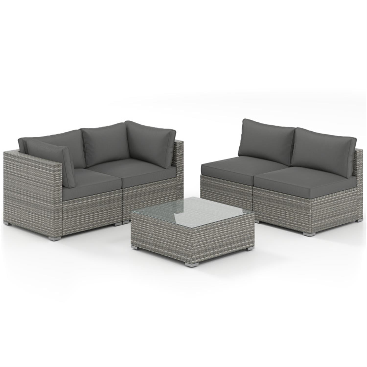 Demi Bonn 5-Piece Outdoor Patio Furniture Sets Sectional Sofa Couch and Glass Coffee Table with Cushions for Yard, Pool or Backyard, Gray