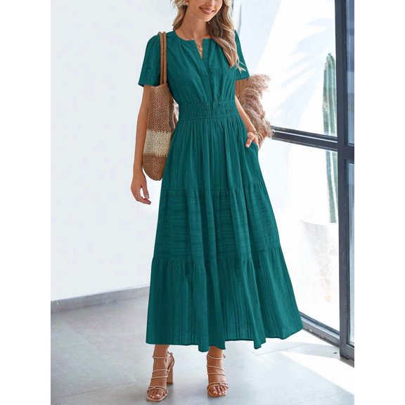 Malachite Green Womens Short Sleeve Maxi Dress High Waist Tiered A-Line Boho Flowy Beach Vacation Dress