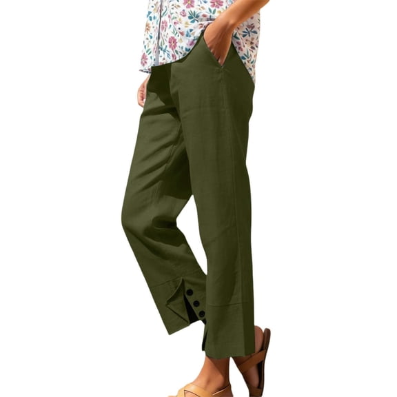 Lmueinov Women's 100% Cotton Straight Leg Ankle Pants, Elastic High Waist Casual Trousers with Button Split Hem & Pockets, Breathable Summer Commute Vacation Pants for Women S-2XL