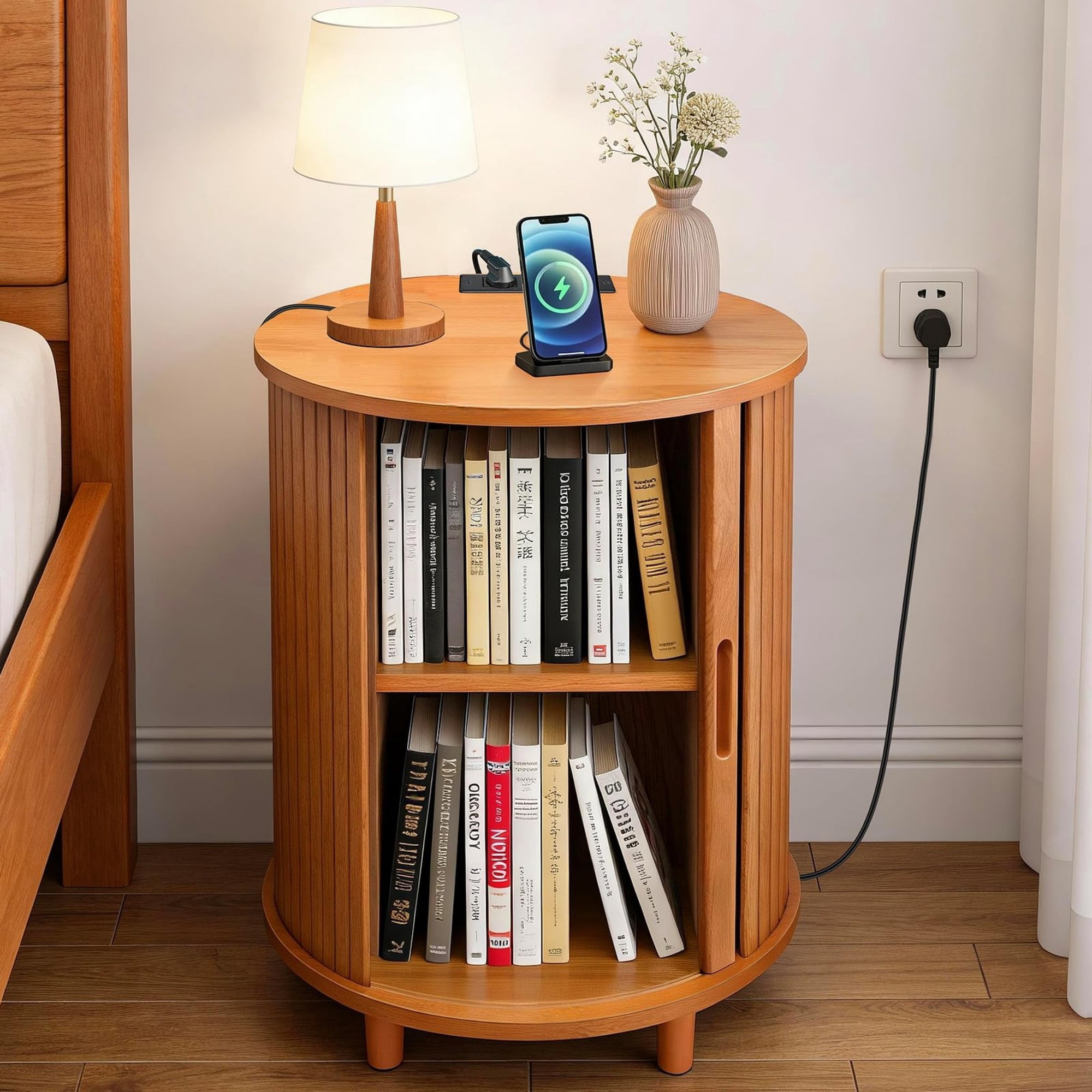 Round End Table Set of 2 with Charging Station, Fluted Nightstand with Sliding Door & Adjustable Shelf, Mid Century Side Table, Yellow