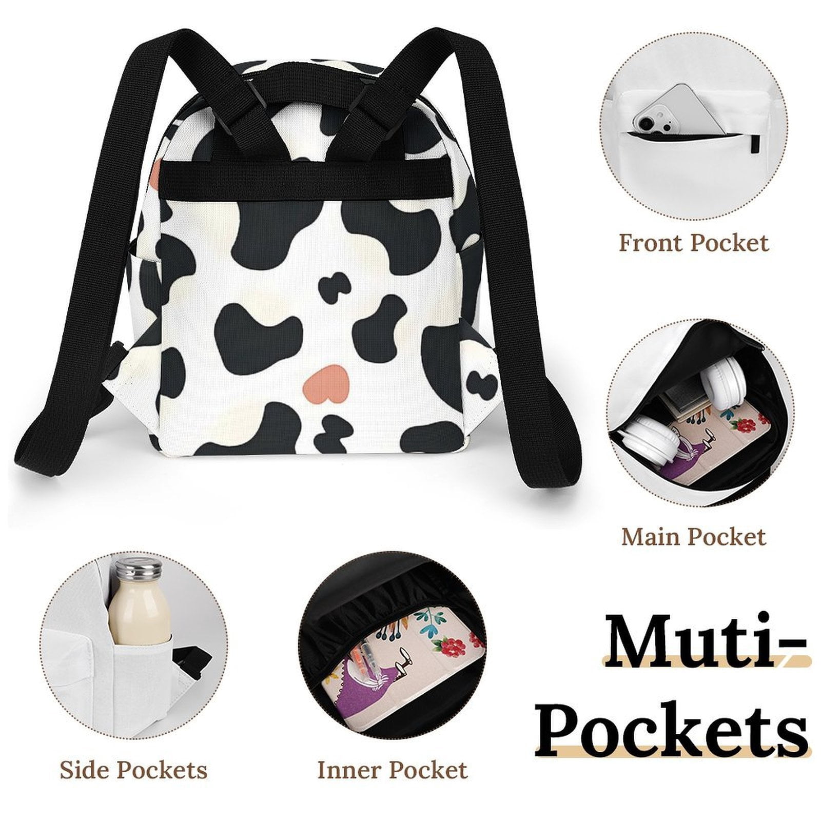 8.1×10in Casual Women'S Backpack With Anti-Contraction And Stretch For Sports Activities Travel Picnics Simple Cow Print Pattern1_3
