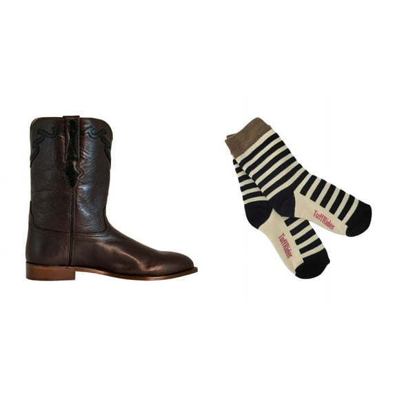 TuffRider Men's El Paso Western Round Toe Boot- Premium Black Leather- 10 With Free Assorted Striped Socks