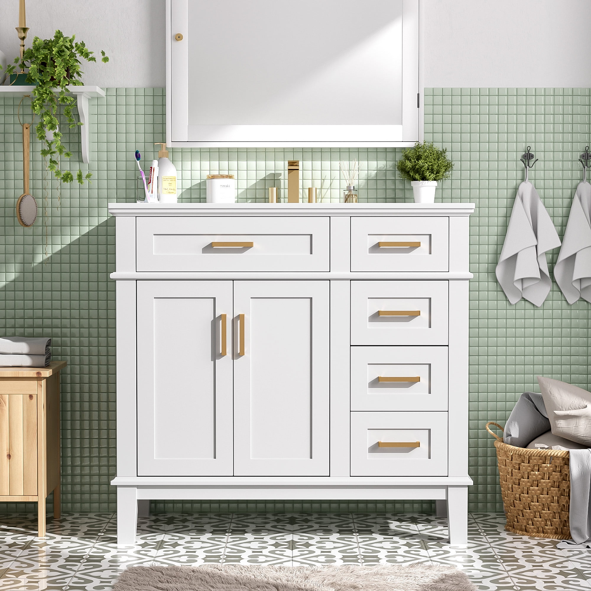 Euroco 36" Bathroom Cabinet with Ceramic Sink, Soft-Close Doors, Golden Handles, Ample Storage, and Overflow Protection