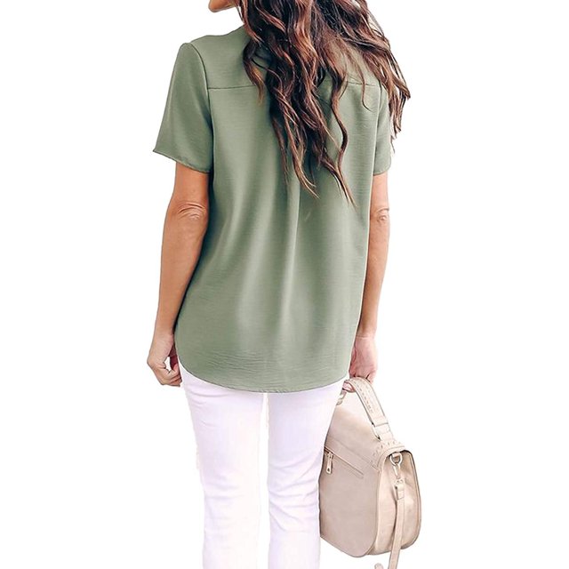 Minnieouse Camisa de mujer con cuello en V Blusa de gasa Manga corta Color sólido Top casual Prendas para la parte del cuerpo Verde claro METRO Minnieouse AP003271-22