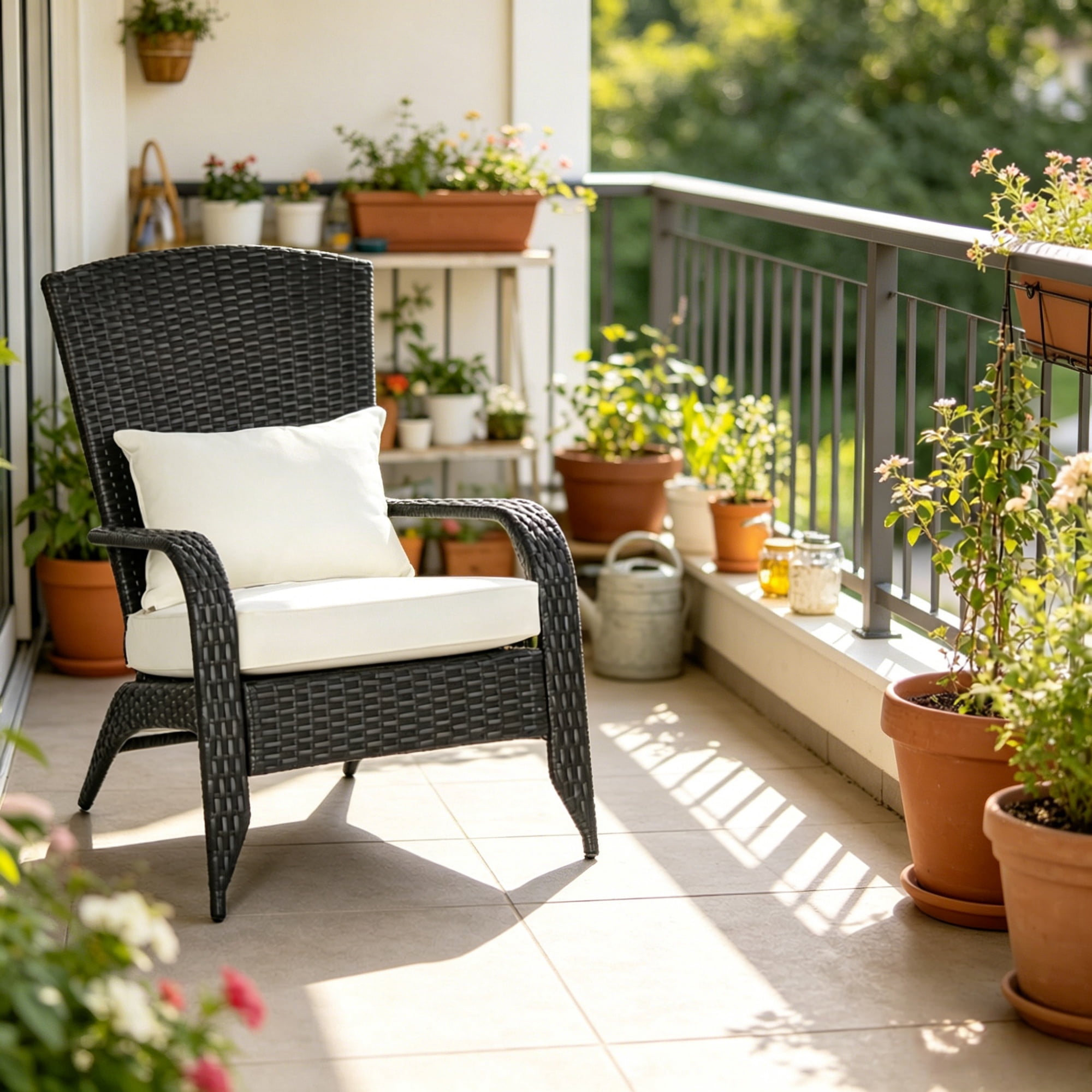 Weather Resistant PE Wicker Adirondack Chair with Zipper Removable Cushions, Steel Frame Curved Tall Back Patio Pool Porch Rattan Lounge Chair Holds 265 LBS