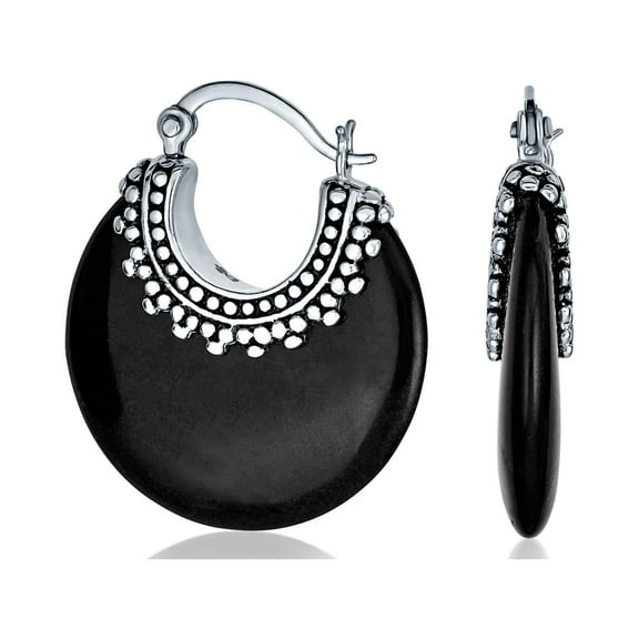 Bling Jewelry Womens Black Onyx Round Half Crescent Hoop Earrings Milgrain Sterling Silver Setting
