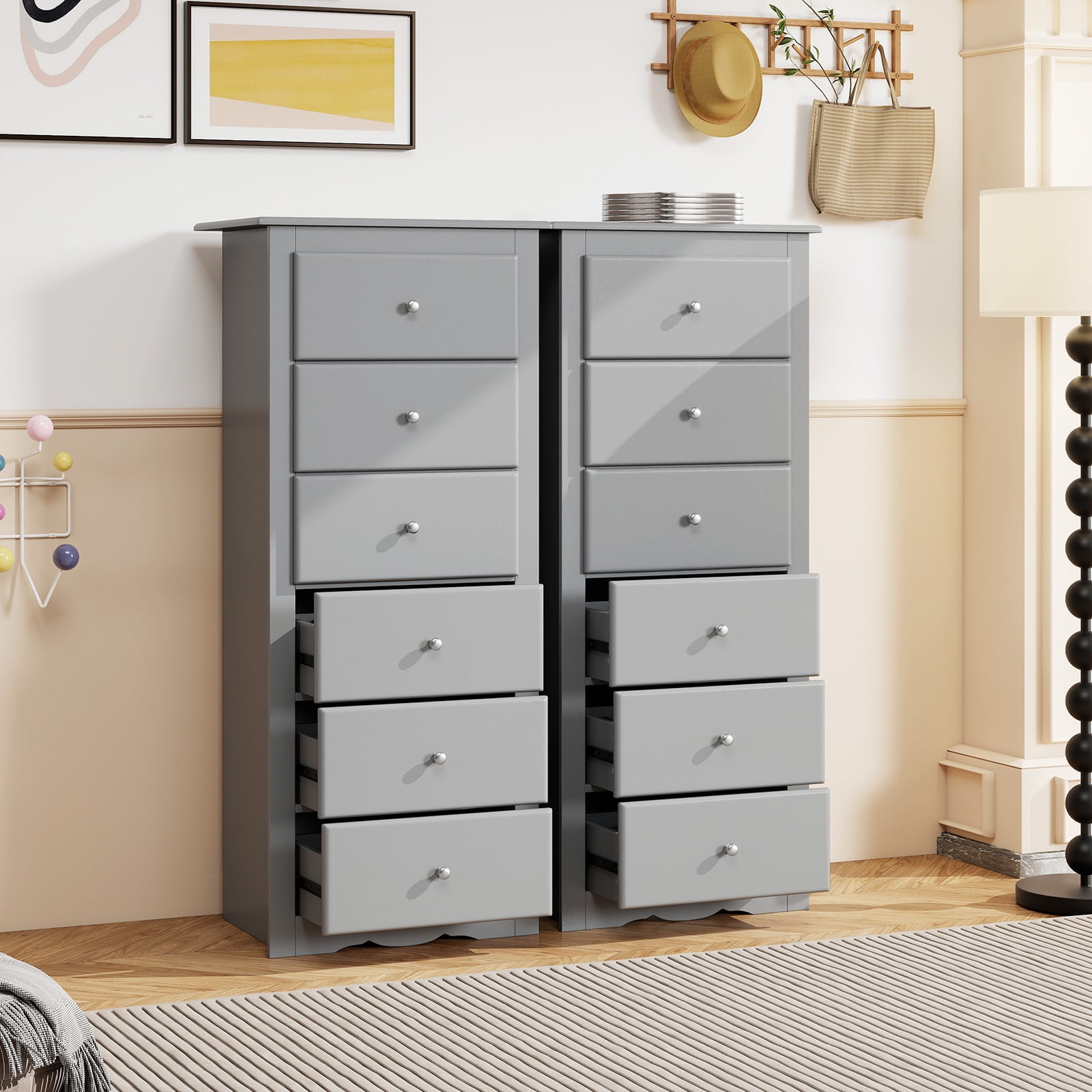 Giantex 6 Dresser Chest, Free Standing Wooden Storage Cabinet, Tall Dresser Clothes Organizer, Grey