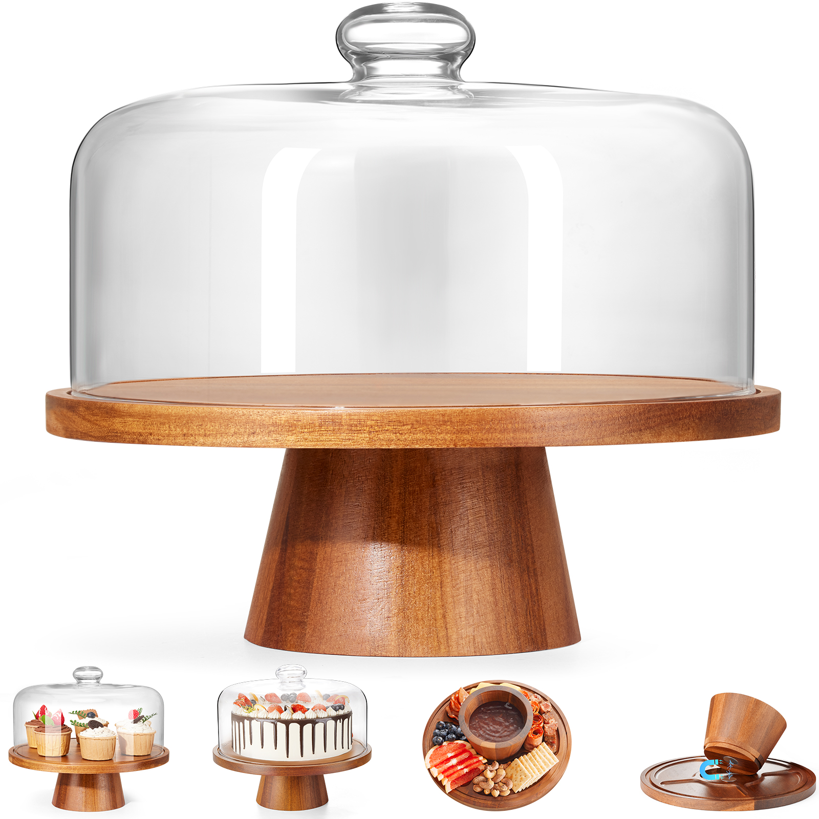 VIVIRBIEN Wood Cake Stand with Dome, 11 Inch, 2-in-1 Design photo 1