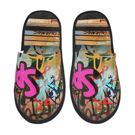 

Qekee Graffiti Lamp Urban Scene Print Furry Slippers for Women and Men House Slipper Funny Bedroom Slippers Indoor -Large