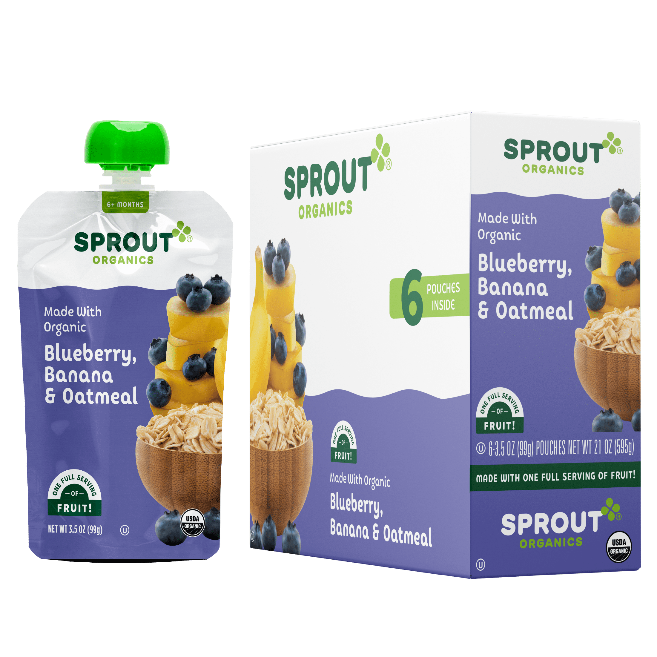 Sprout Organic Stage 2 Baby Food, Blueberry Banana Oatmeal, 3.5 oz Pouch, 6 Pack