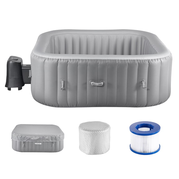 VEVOR Inflatable Hot Tub, 4 to 6 Person Capacity, 72.8 x 26 in Square Portable Outdoor Spa, with 130 Soothing Jets, Filter, Cover and Mat, Multi-function Control Panel, PVC Outdoor Hot Tub, Grey