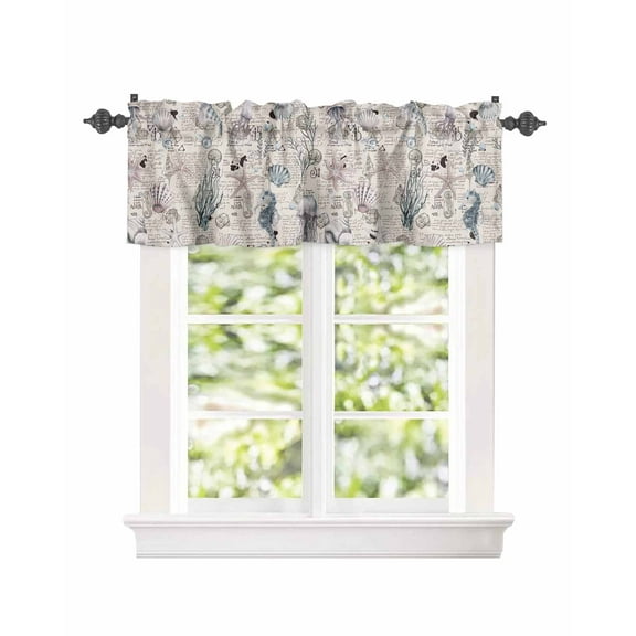 Curtain Valance for Windows Coastal Starfish Shell Seahorse Kitchen Valances Rod Pocket Short Curtains,Ocean Sealife on Vintage Window Treatment Panel for Living Room Bathroom Bedroom 54x18in