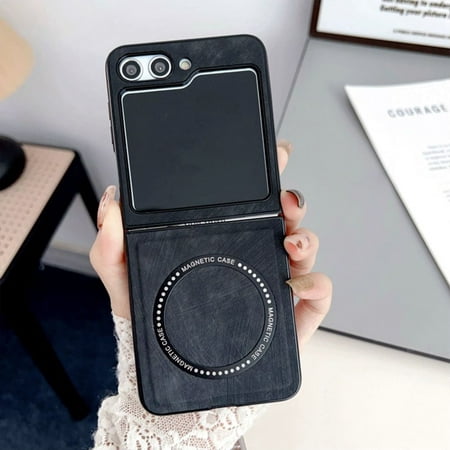 Frusde for Samsung Galaxy Z Flip 5 Magnetic Magsafe Case Leather Slim Shockproof Business Case-Black
