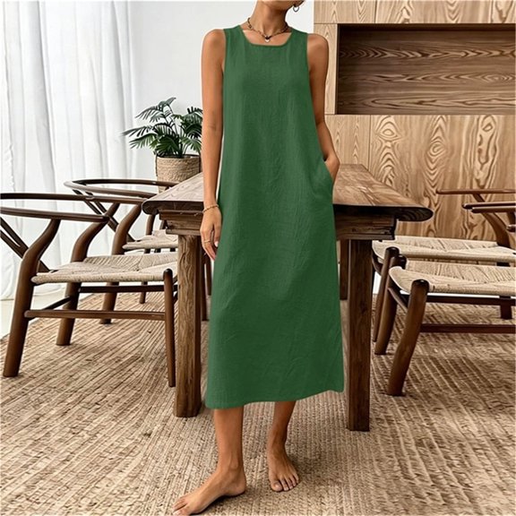 Ayolanni Sleeveless Dresses for Women Crew Neck Cotton Linen Green A-Line Maxi Dress Solid Work Going Out Flowy Sundress L