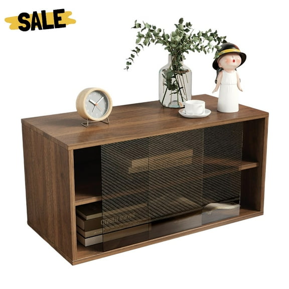 GZXS 28.35" Wooden Floor Cabinet, 2-Tier Storage Organizer with Sliding Glass Doors, Compact Display and Storage for Home Office, Living Room & Bedroom, Walnut