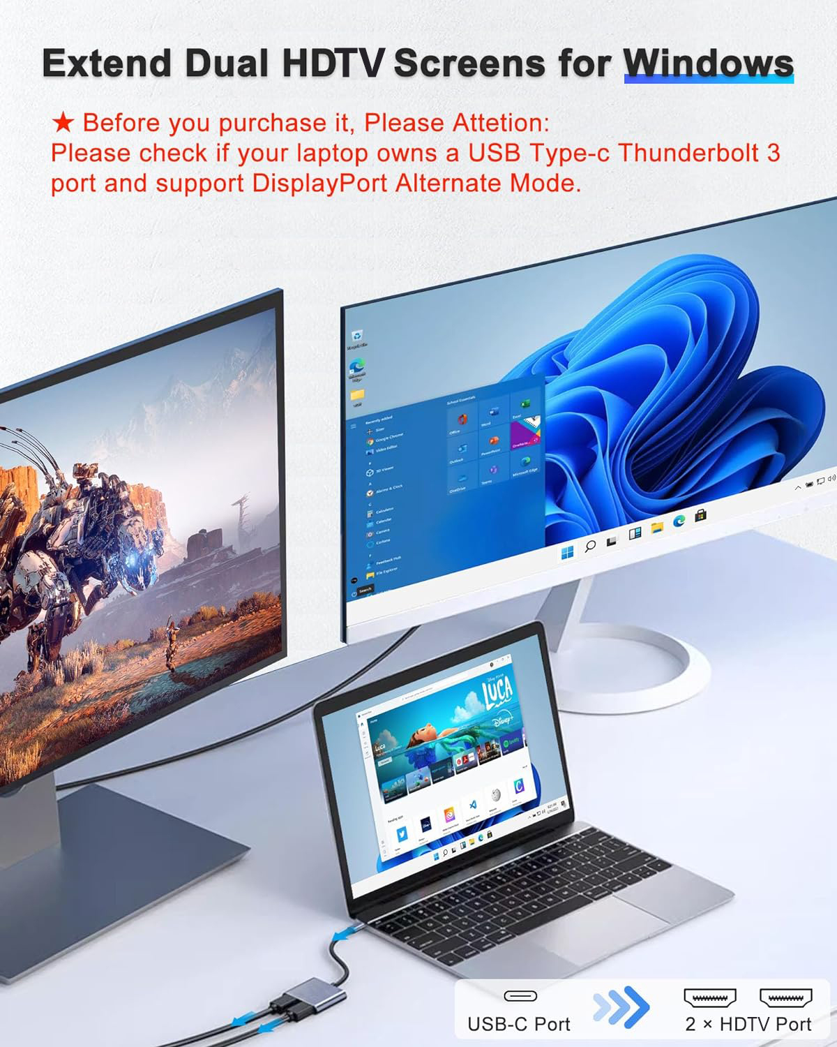 Duomigo USB-C Dual HDMI Adapter, 4K Support photo 2