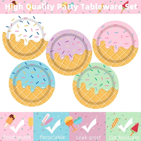 YUYAN-Ice Cream Party Decorations - 50pcs Ice Cream Paper Plates, 9inch for Kids' Girls' Baby Shower & Birthday Parties