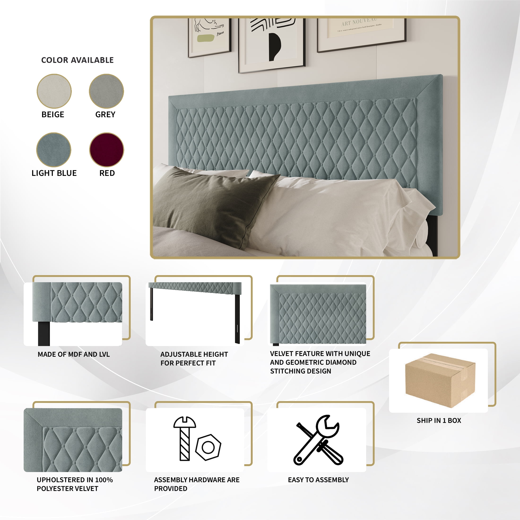 Castle Place Quilted Velvet Upholstered King Headboard, Light Blue