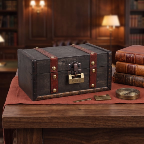 LIFKOME Vintage Wooden Storage Chest with Hinged Lid and Lock, Small Decorative Box for Jewelry, Keepsakes, and Trinkets - 1 Set