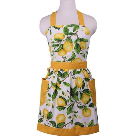 

GENEMA Green Leaves Lemon Kitchen Apron with Pockets No Sleeve Hanging Neck Waist Strap for Adults Women Cooking Painting Gardening Cotton Bib Apron Gift