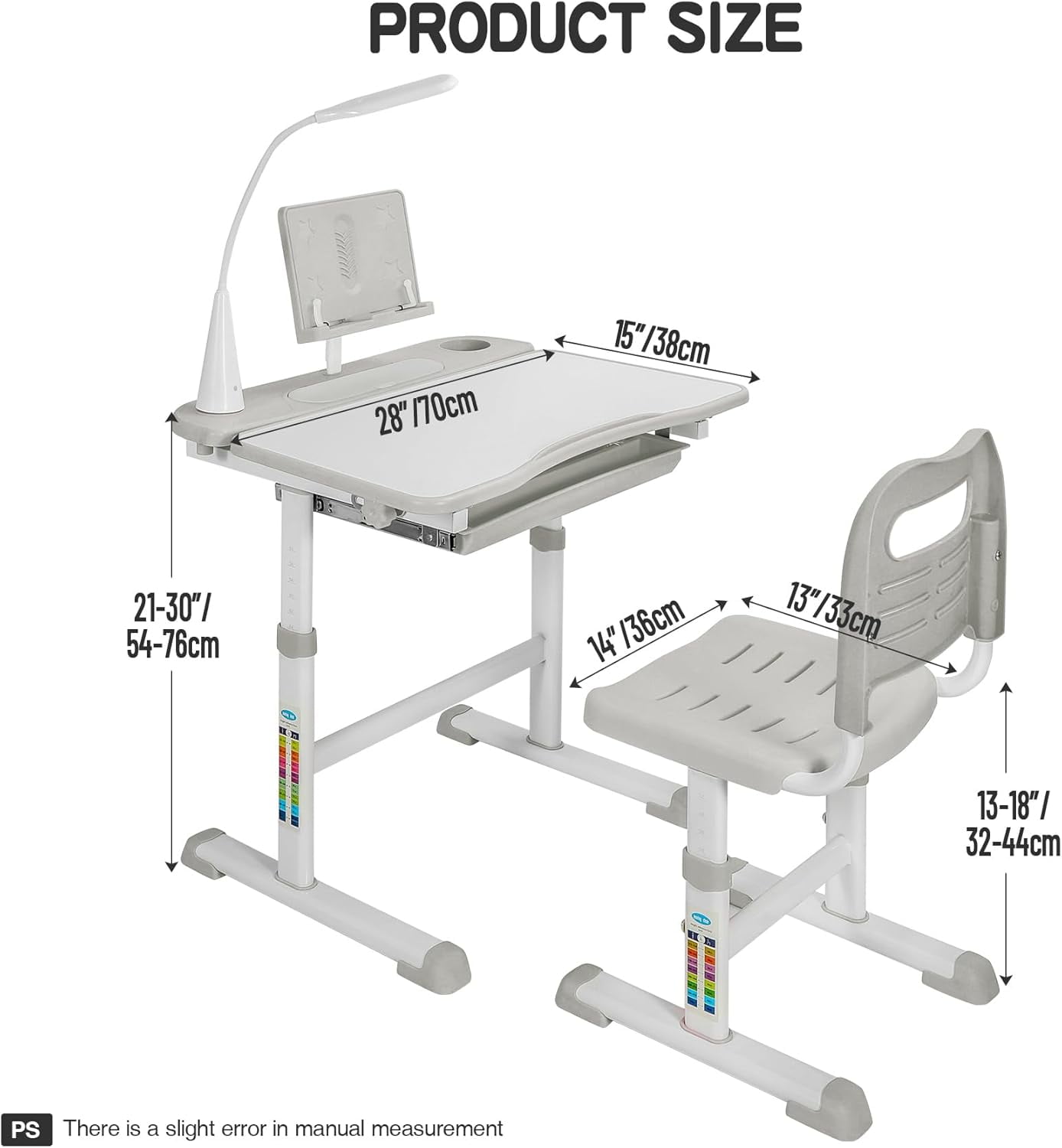 RedSwing Kids Desk and Chair Set, Adjustable Height Children Study Table Chair with Led Light, Bookstand, Portable Kids Desk with Tilted 0-60° Table Top for Age 3-15