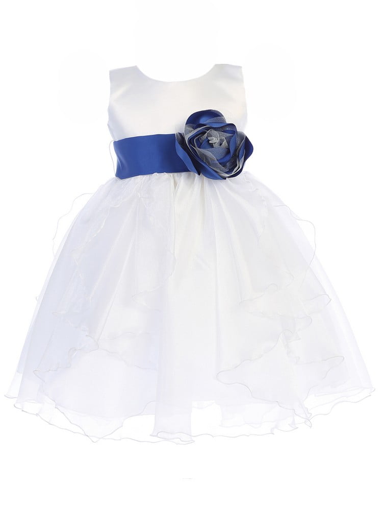 white dresses with blue satin sashes