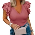 thumbnail image 2 of Solid Color V-Neck Women Slim Fit Ruffle Shirt Tops, 2 of 3