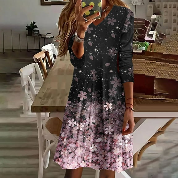 KIHOUT Plus Size Dresses For Women Fashion Women Autumn Printing Causal V-Neck Long Sleeve Vacation Dress