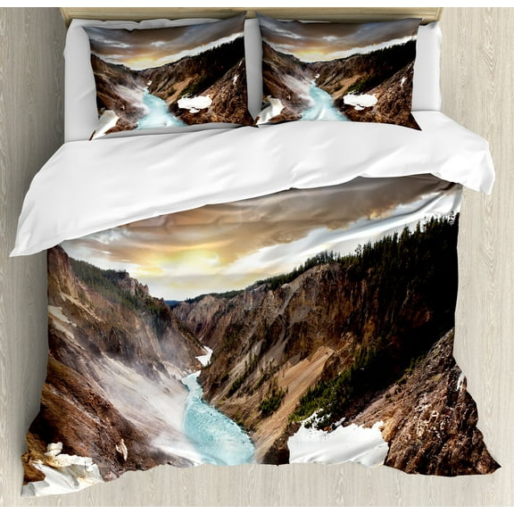 Yellowstone Duvet Cover Set, Canyon in Yellowstone Dramatic Sky Dark Clouds Setting Sun Landscape Scenic Photo, Decorative 3 Piece Bedding Set with 2 Pillow Shams, Calking Size, Brown, by Ambesonne