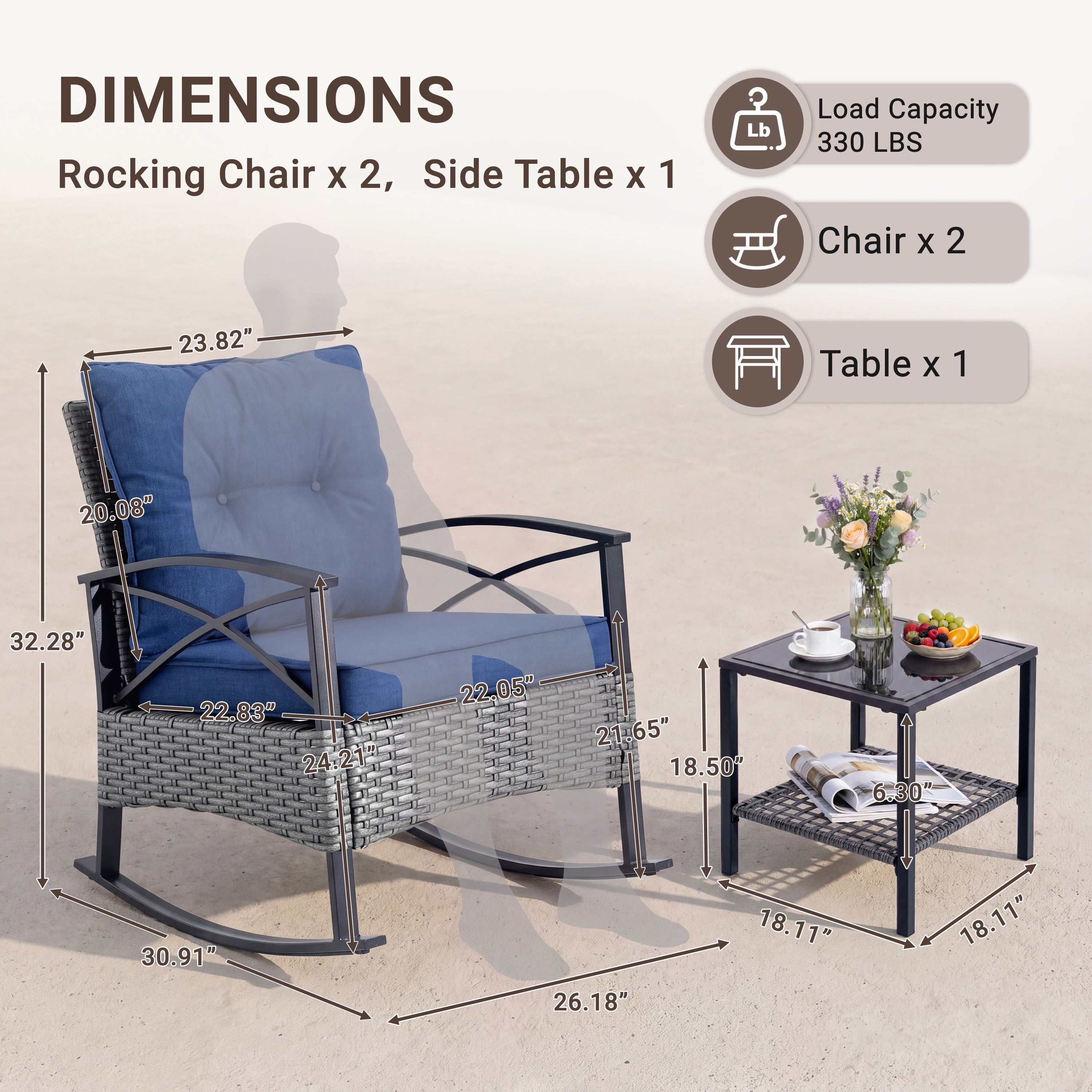3 PCS Rocking Bistro Set, Outdoor Patio Porch Furniture Sectional Chairs with Coffee Table, PE Rattan Patio Furniture Conversation Set for Lawn Pool, Courtyard, Garden, Balcony - Blue