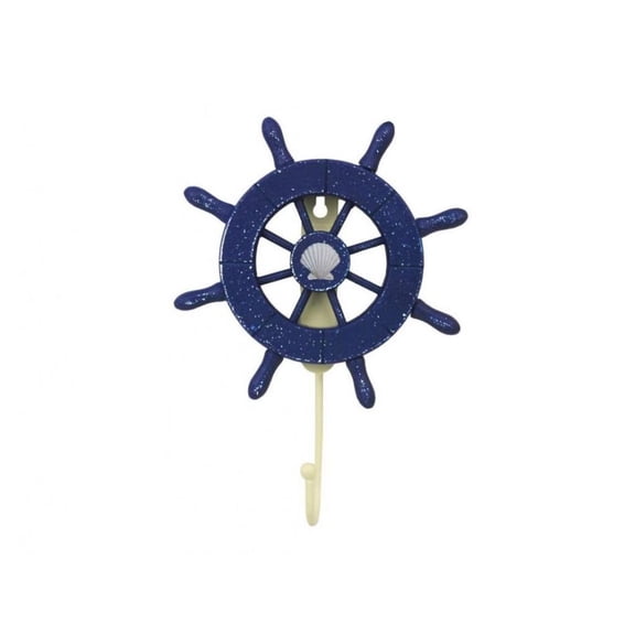 Handcrafted Nautical Decor Rustic All Dark Blue Decorative Ship Wheel with Seashell with Hook 6" - Wooden