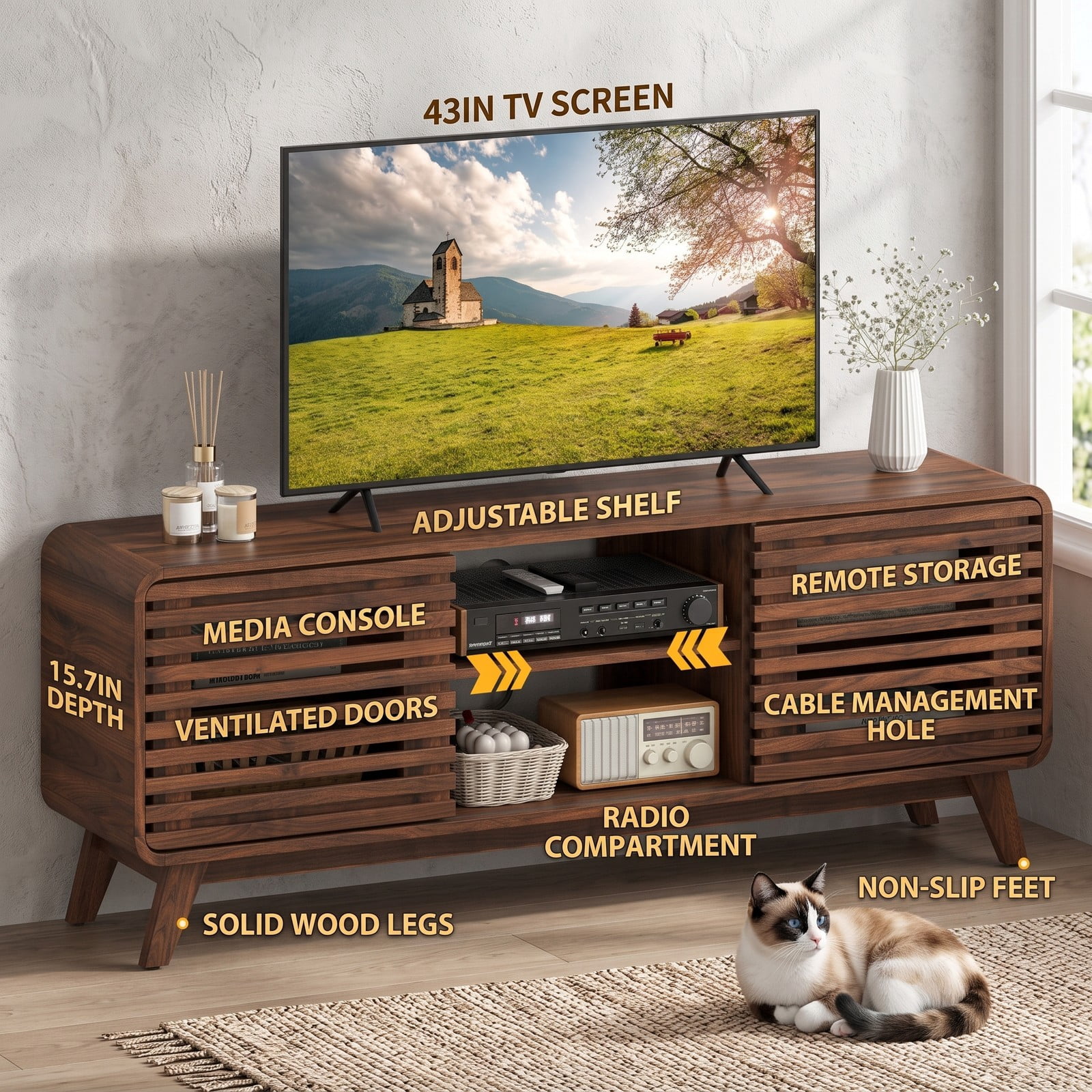 Furnibear Mid Century Modern Entertainment Center, TV Stand for TVs up to 65 Inch with Grille-Style Sliding Doors and 3 Adjustable Shelves, Media Console, Walnut