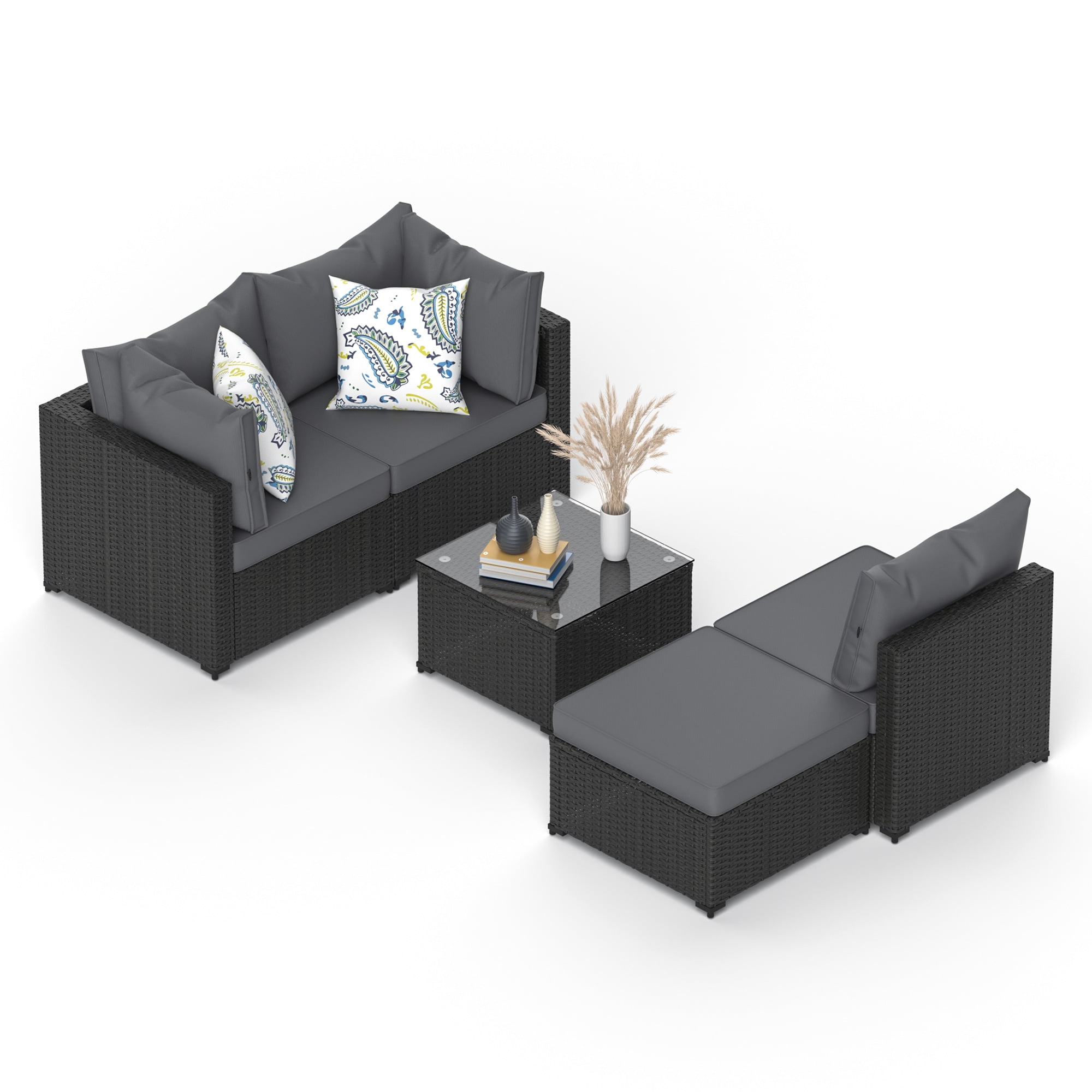 Phonjoroo 5pcs Patio Furniture Sets All Weather Outdoor Sectional Sofa Manual Weaving Wicker Rattan Outdoor Conversation Set with With Cushion And Glass Table, Grey