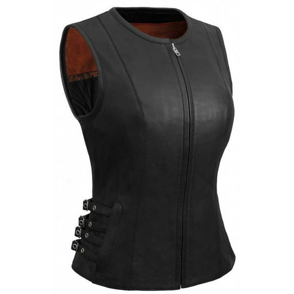 True Element Women's Side Buckled Zip Front Leather Vest (Black, Size XL)