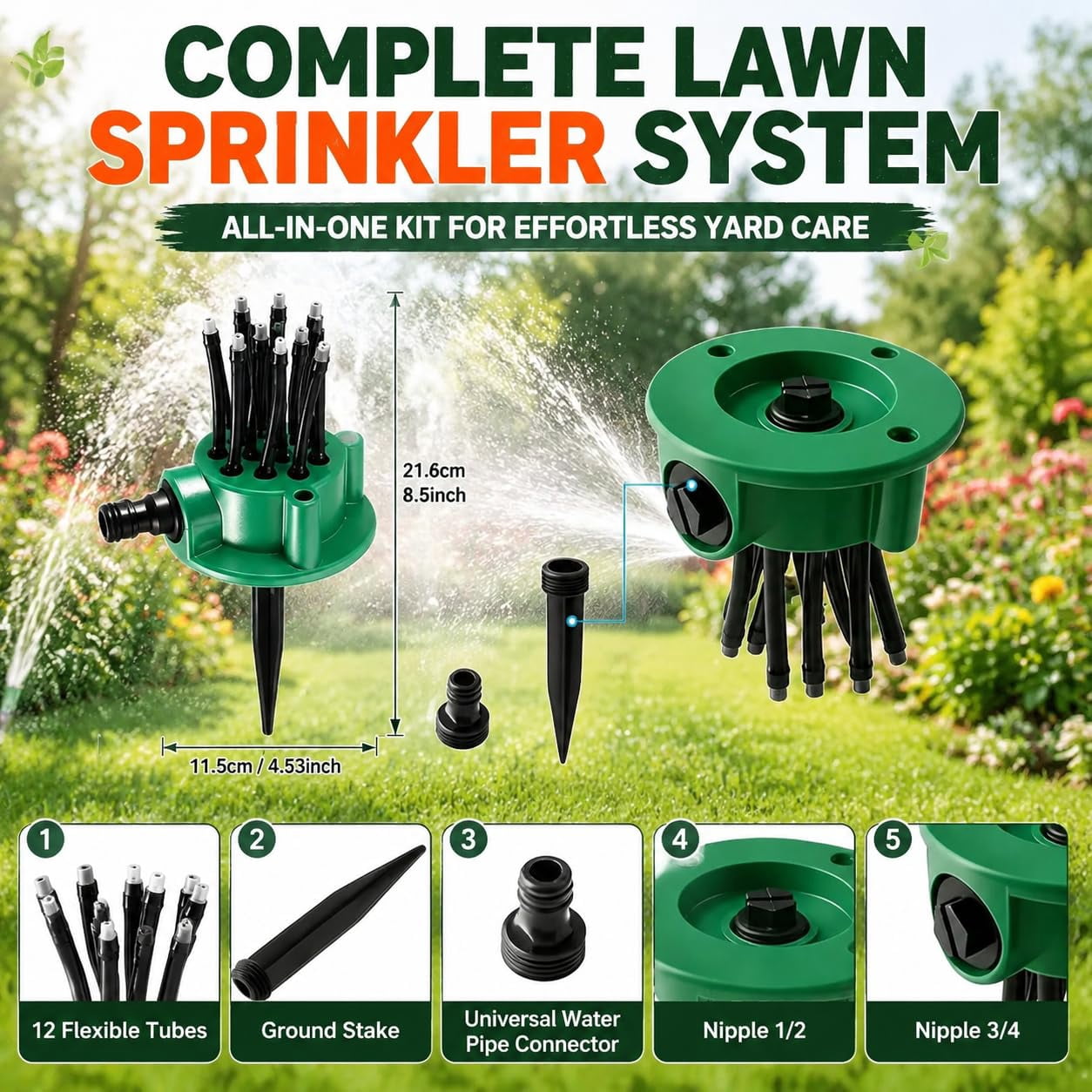 EVHRZN 360°Multi-Directional Lawn Sprinkler, Stable Rotating Garden Watering Tool with Flexible Spray Nozzles, Roof Cooling Sprinkler for Yard, Backyard, Flowers, Grass, and Outdoor Summer Play