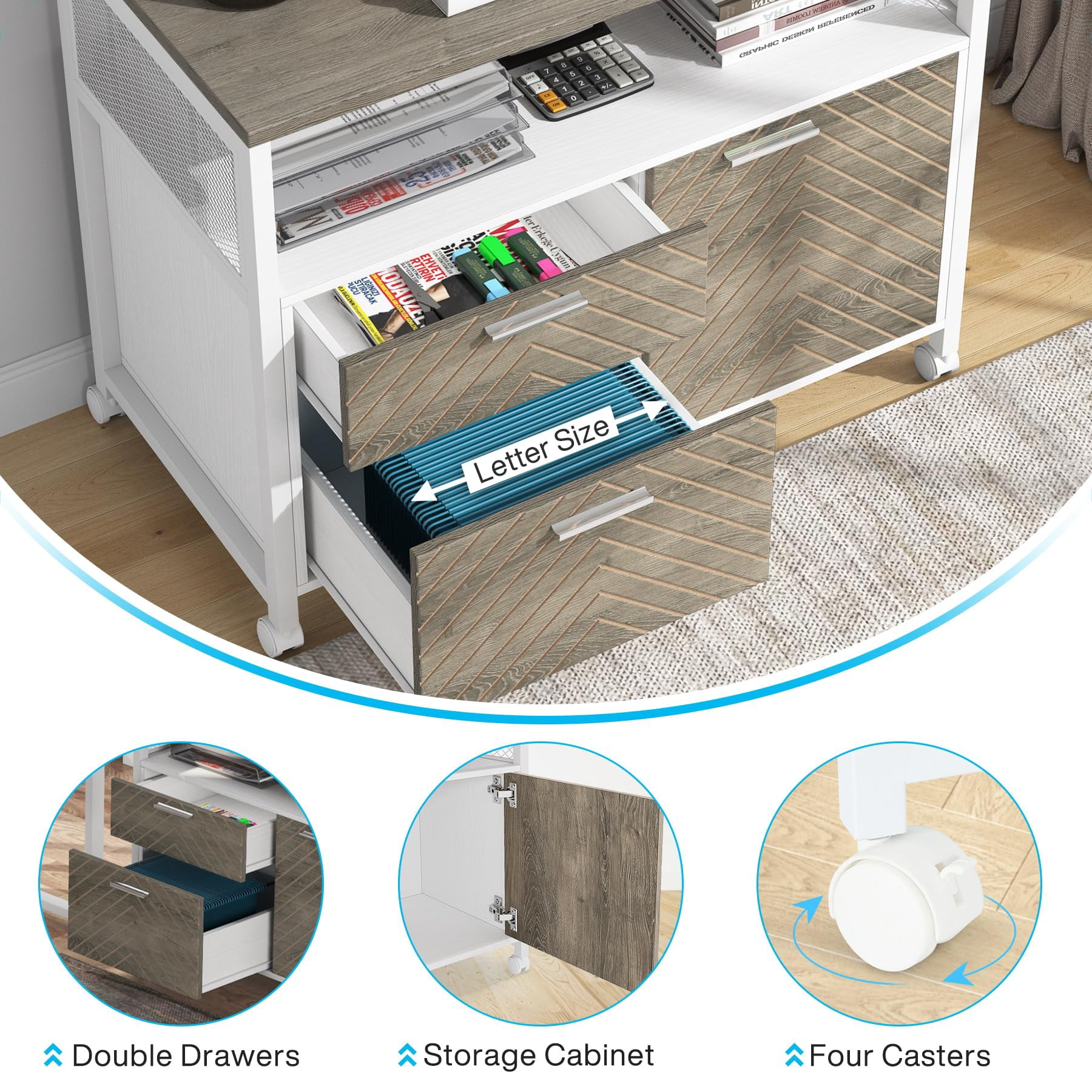 Fnova Modern File Cabinet with Drawers for Letter-Sized File and Door, lateral Filing Cabinet Printer Stand with Storage Shelves and with Rolling Caster for Home Office, Oka