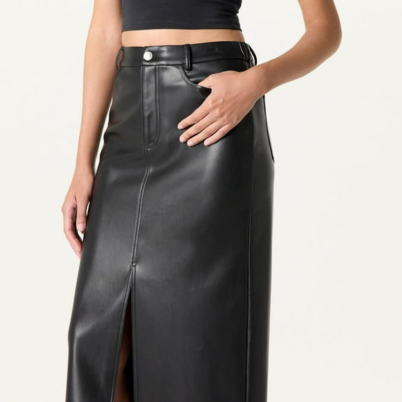 Women's black fashionable ankle high waist leather long skirt