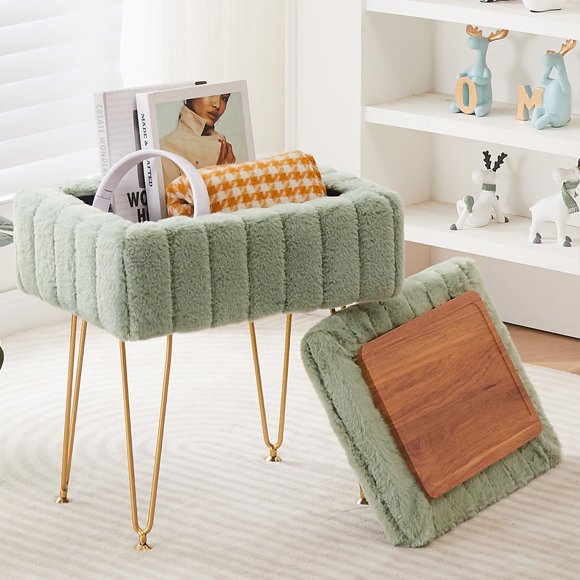 Otomana Storage Wimarsbon con piel de visón sintética, color verde claro