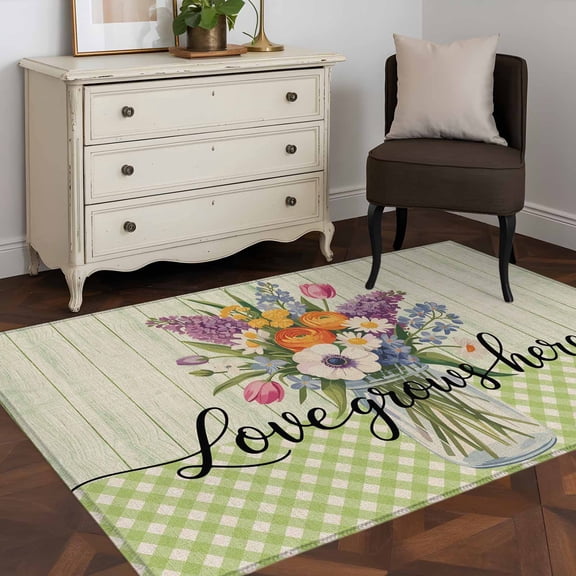 3'x5' Area Rugs, Watercolor Flowers Indoor Outdoor Area Rug for Living Room Bedroom, Spring Floral Sage Green Stripes Check Washable Bathroom Rugs Kitchen Floor Carpet Mats Home Decor Aesthetic