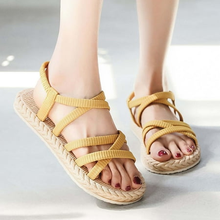 

XIAOFFENN Sandal For Women 2023 Sandal For Women Dressy Comfortable Summer Ladies Sandals Imitation Straw Espadrille Flat Beach Flat Sandals Sandal For Women Comfortable
