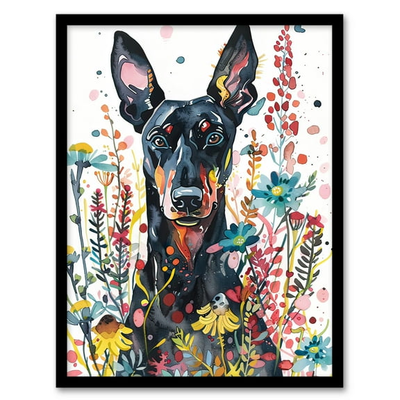 Artery8 Dog Lover Happy Doberman in Spring Wildflowers Living Room Art Print Framed Poster Wall Decor 12x16 inch