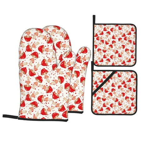 

Oven Mitts and Pot Holders 4 pcs Set Cute Mushroom Heat Resistant Silicone Oven Mitts Pot Holders for Kitchen Baking Cooking Non-Slip Oven Gloves Hot Pads Potholders