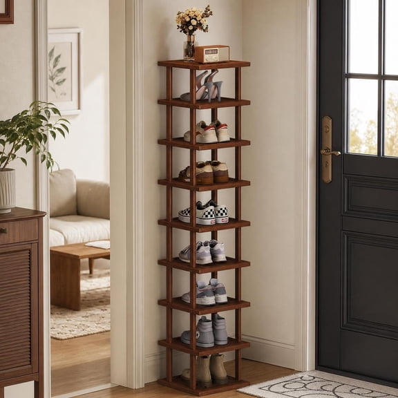 KFeng 9 Tiers Stackable Bamboo Shoe Rack - Vertical Shoe Rack for Small Spaces, Tall Narrow Shoe Rack Organizer, Skinny Shoe Shelf Free Stackable DIY - Space Saving Storage