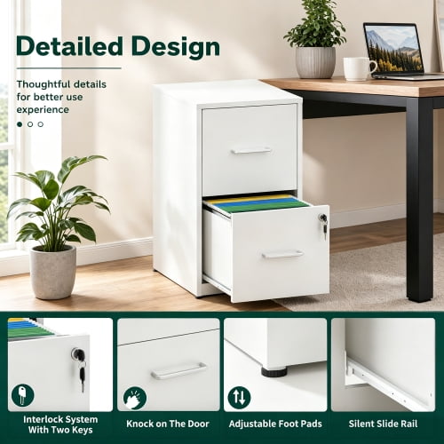 2-Drawer Lockable Metal File Cabinet with Anti-Tip Kit, Vertical Under Desk Steel Filing Cabinet with Adjustable Hanging Rails, White